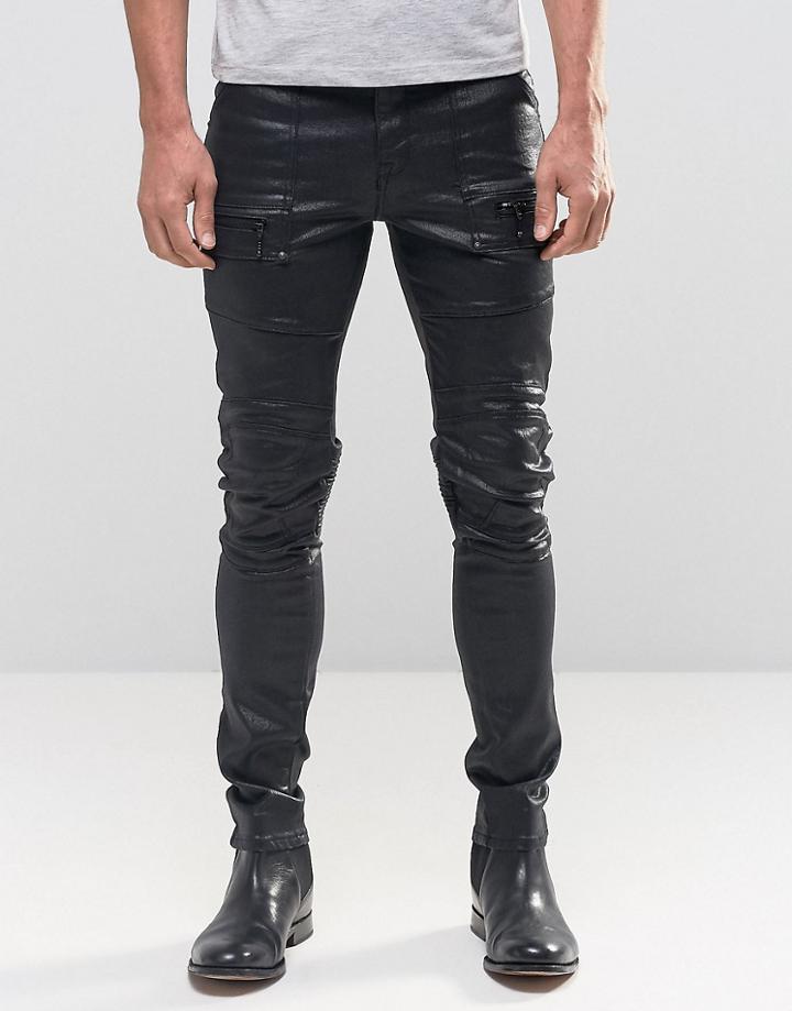 Asos Super Skinny Jeans In Coated With Biker Styling And Zip Detail - Black