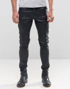 Asos Super Skinny Jeans In Coated With Biker Styling And Zip Detail - Black