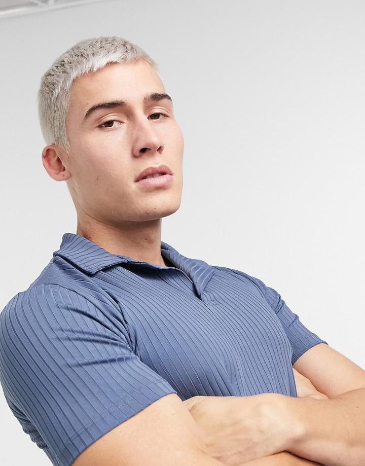 Asos Design Muscle Fit Rib Revere Polo In Blue-navy
