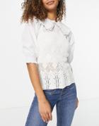 River Island Crochet Knit Hybrid Top With Poplin Collar In White - Part Of A Set