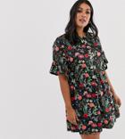 Boohoo Plus Exclusive Smock Dress In Black Floral - Multi