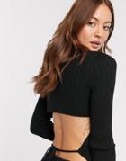 Asos Design High Neck Ribbed Open Tie Back Sweater-black