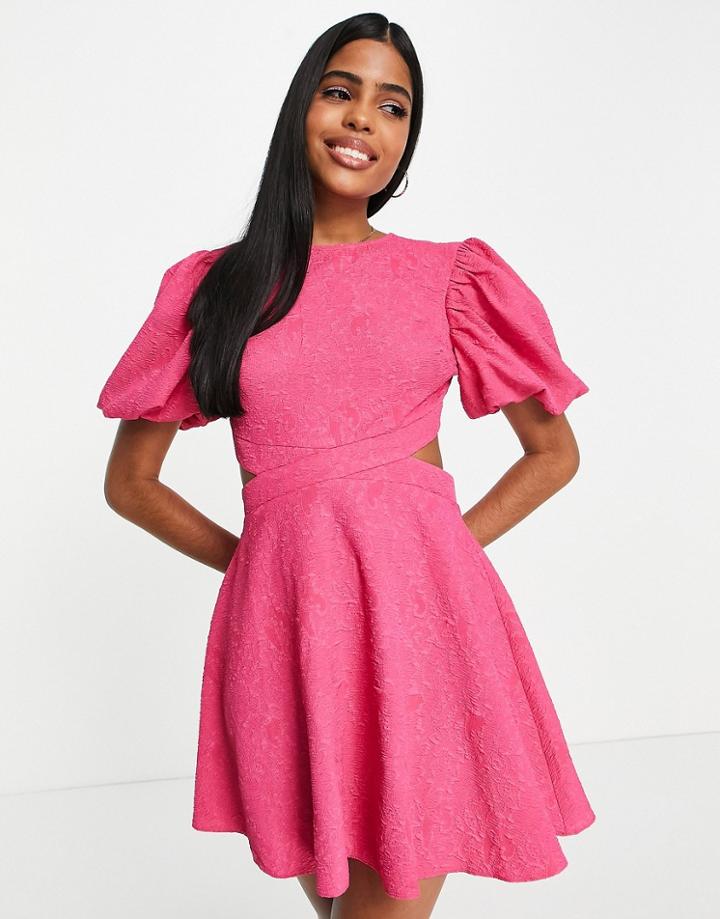 Miss Selfridge Textured Cut Out Fit And Flare Mini Dress In Pink
