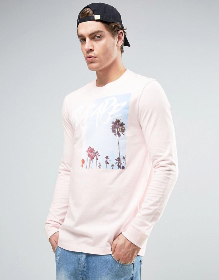Asos Longline Long Sleeve T-shirt With Surf Photo Print - Pink