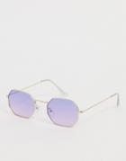 Asos Design Metal Angled Sunglasses In Pale Gold With Lilac Lenses-purple