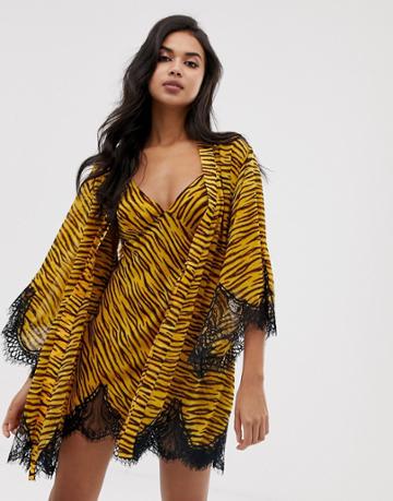 Savage X Fenty Animal Print Chiffon Short Kimono Robe In Natural Tiger - Brown
