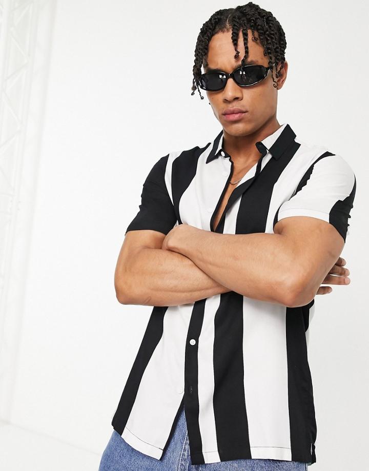 Bershka Striped Camp Collar Shirt In Black