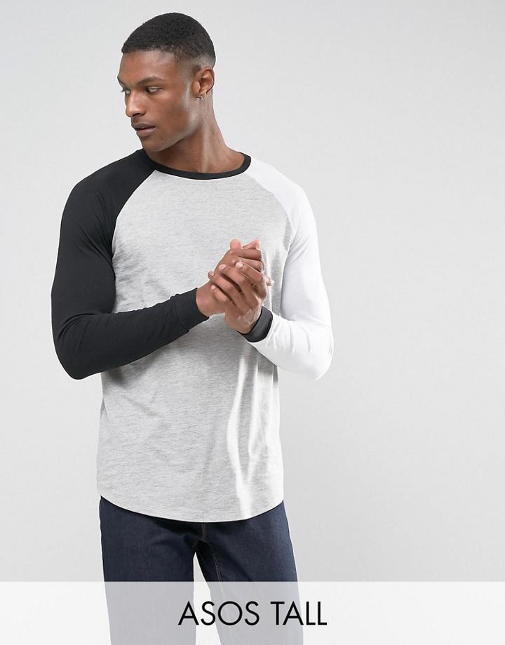 Asos Tall Longline Long Sleeve Raglan T-shirt With Contrast Sleeves And Curve Hem - Multi