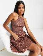 Influence Bow Tie Strap Shirred Dress In Brown Polka Dot