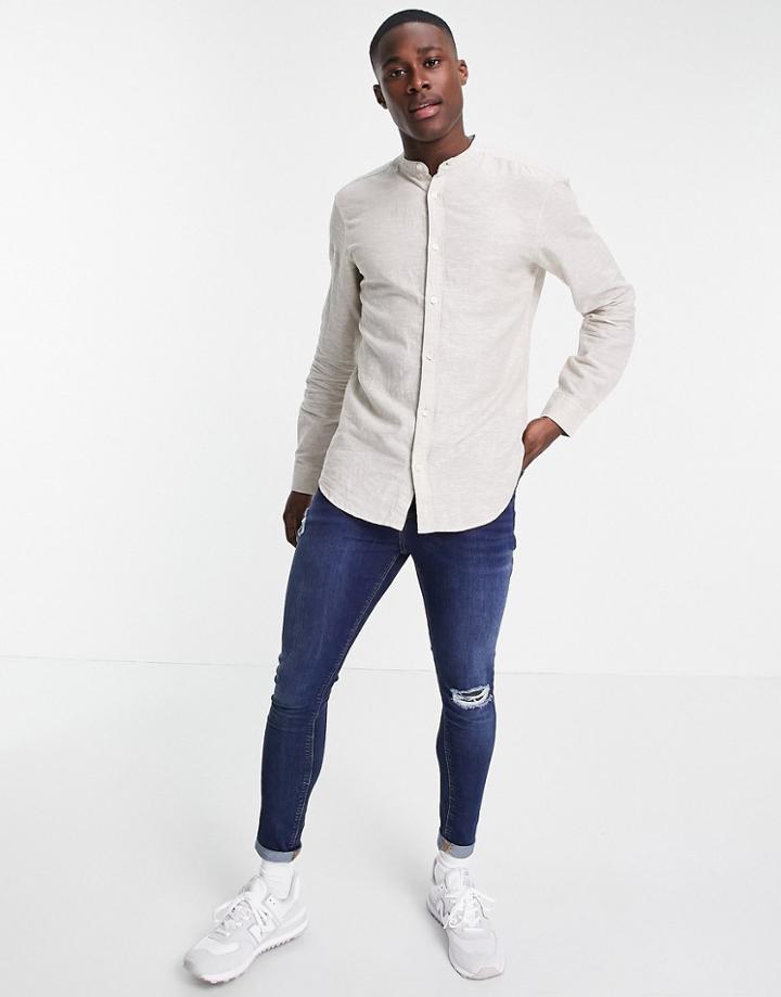 Only & Sons Band Collar Linen Shirt In Beige-neutral