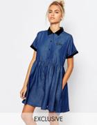 Lazy Oaf Button Front Tea Dress In Denim With Baby Embroidery - Blue