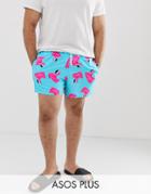Asos Design Plus Swim Shorts With Flamingo Print In Short Length-blue