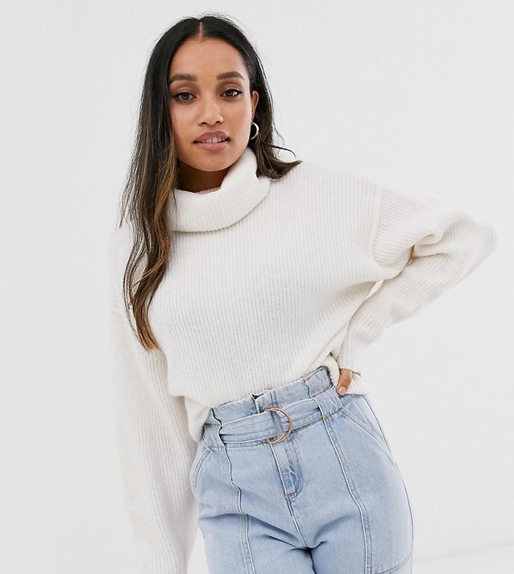 Asos Design Petite Fluffy Sweater With Cowl Neck In Recycled Blend - Cream