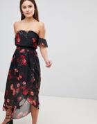 Parisian Floral Off Shoulder Midi Dress-black