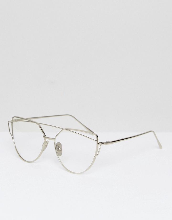 Jeepers Peepers Silver Metal Clear Frame Glasses With Brow Bar - Silver