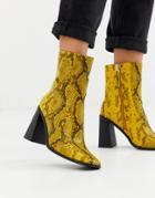 Co Wren Square Toe Block Heel Boots In Snake-yellow
