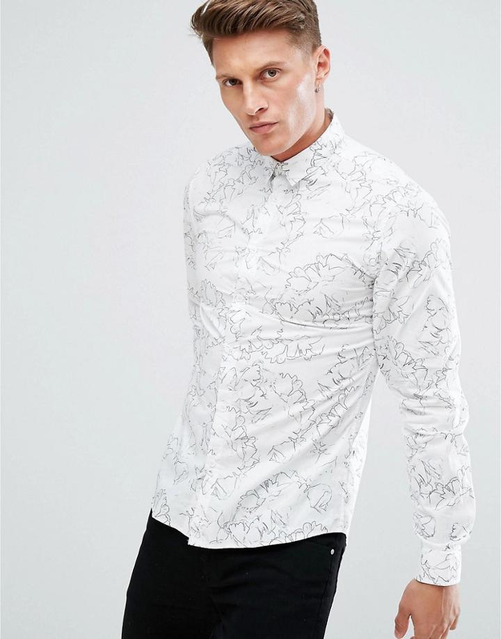 Solid Shirt In All Over Floral Print - White