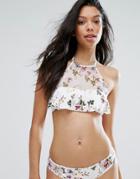 New Look Floral Frill Bikini Top - White