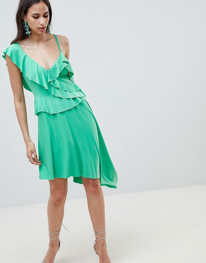 Asos Design Asymmetric Ruffle Soft Midi Dress-green