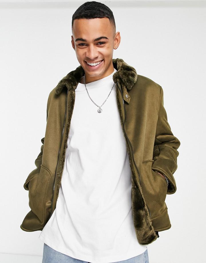 Sixth June Faux Suede Harrington Jacket In Khaki-green