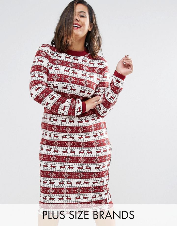 Club L Plus Fairisle Long Sleeveribbed Holidays Dress - Red