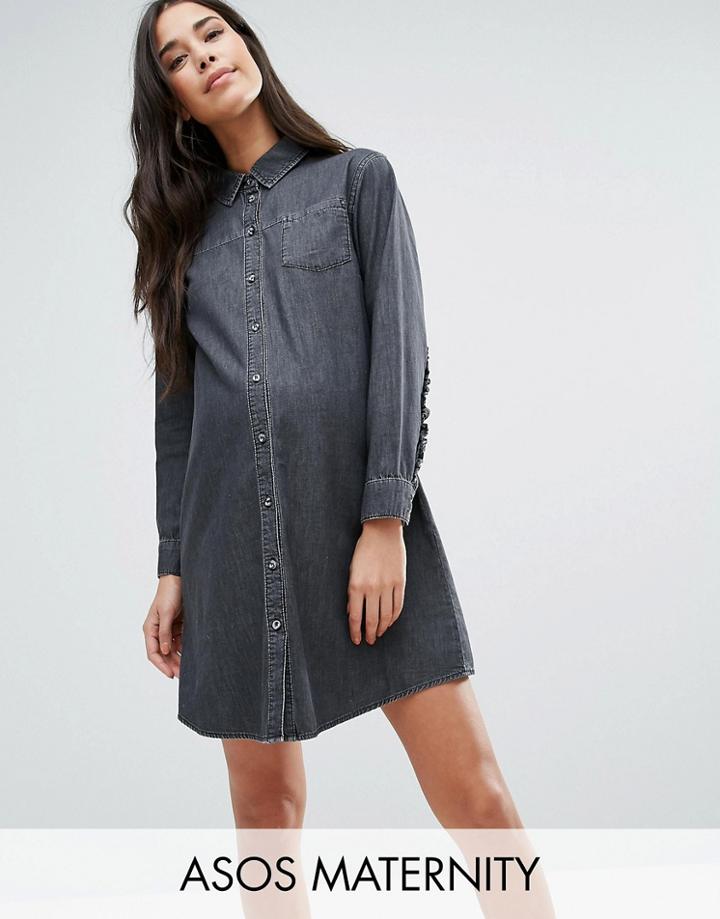 Asos Maternity Denim Frill Back Shirt Dress In Washed Black - Black