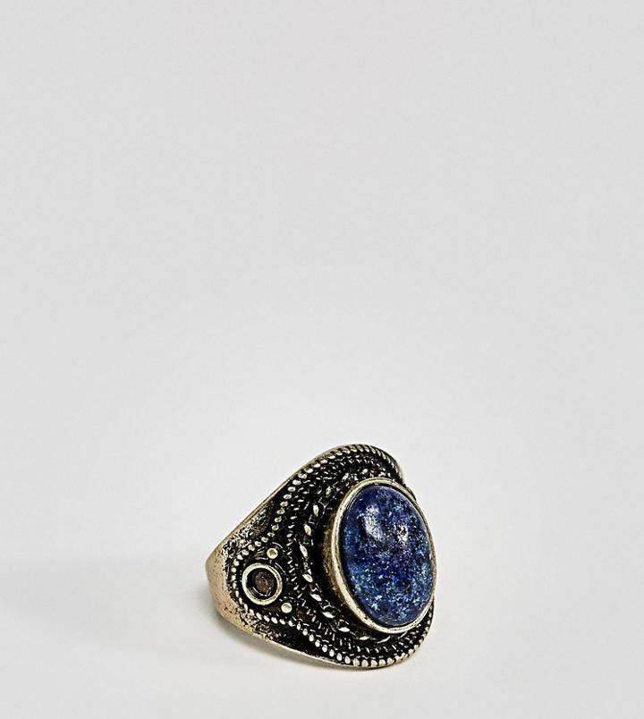 Asos Plus Ring In Burnished Gold With Navy Stone - Silver
