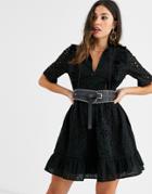 Asos Design Broderie Ruffle Front Mini Dress With Belt-black