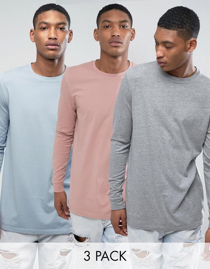 Asos 3 Pack Longline Long Sleeve T-shirt In Blue/gray/pink Save - Multi