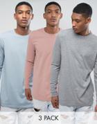 Asos 3 Pack Longline Long Sleeve T-shirt In Blue/gray/pink Save - Multi