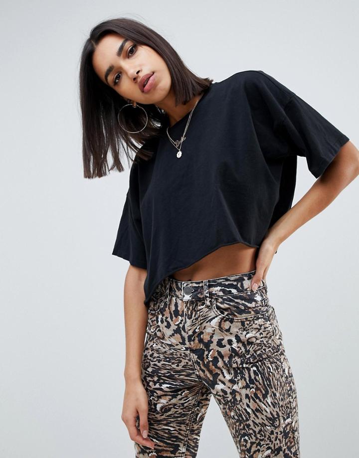 Asos Design Crop Oversized T-shirt With Curved Hem - Black