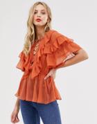 Asos Design Ruffle Sleeve Top With Lace Up Detail - Orange