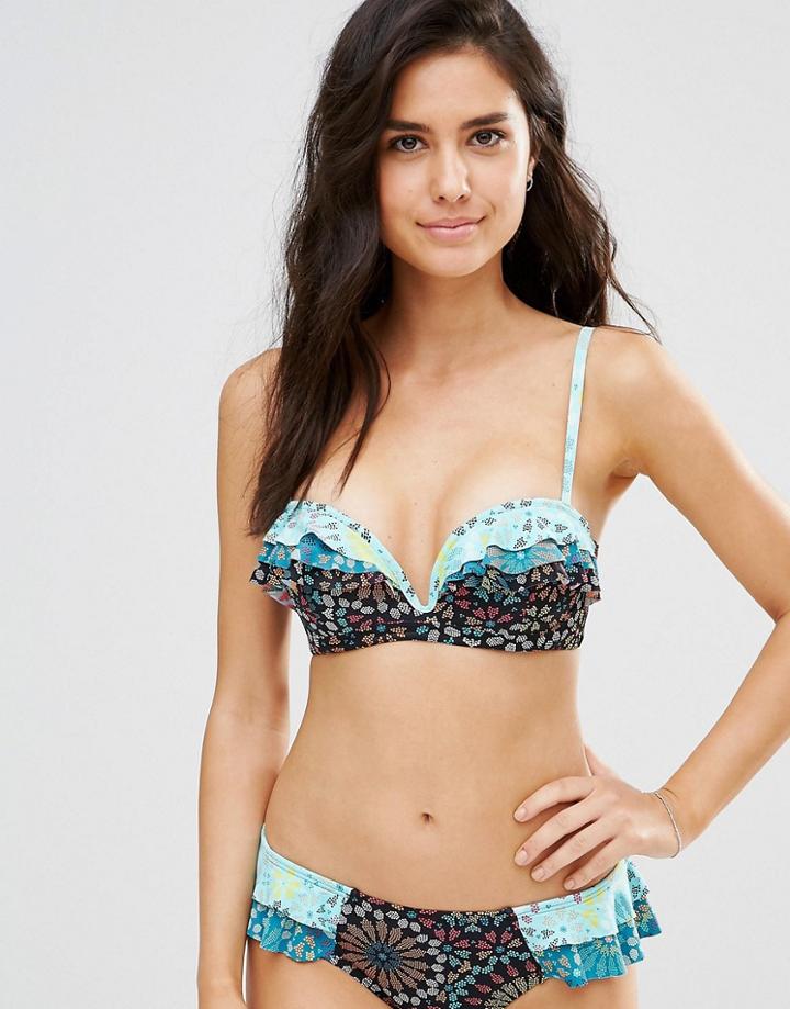 Coco Rave Print Ruffle Detail Bikini Top - Black
