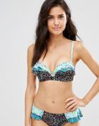 Coco Rave Print Ruffle Detail Bikini Top - Black