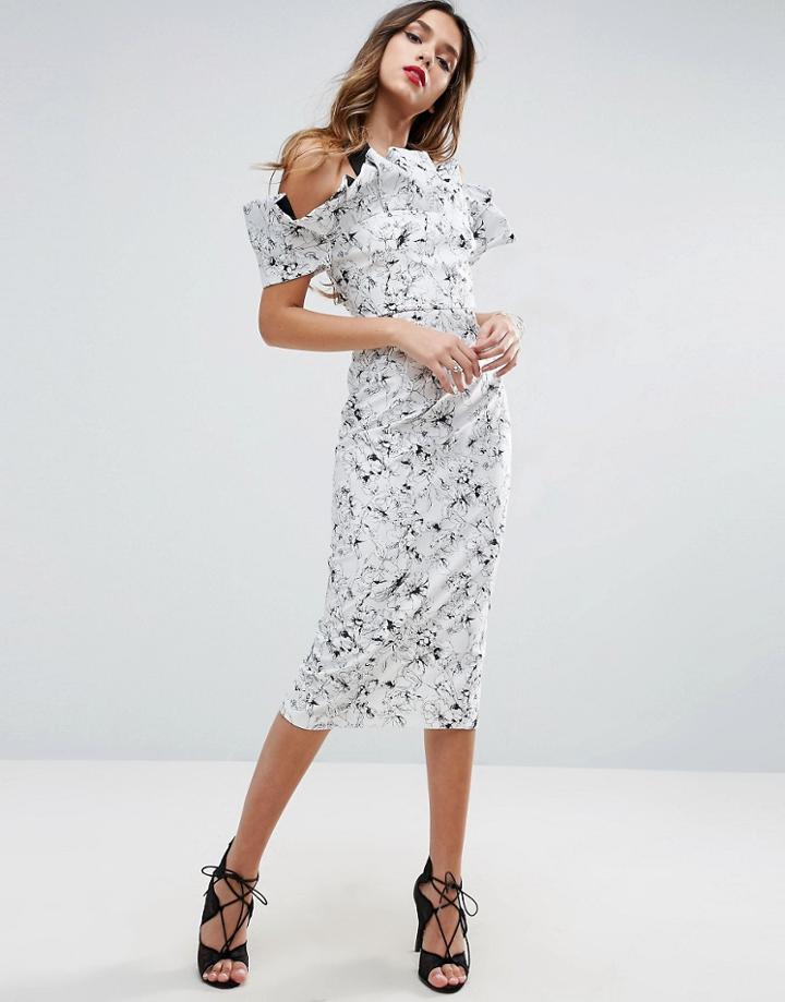 Asos Mono Ruffle Longer Length Midi Dress - Black
