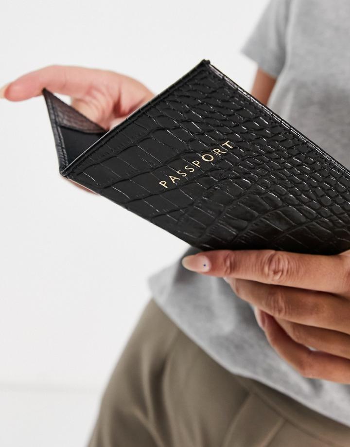 Whistles Shiny Croc Passport Holder In Black