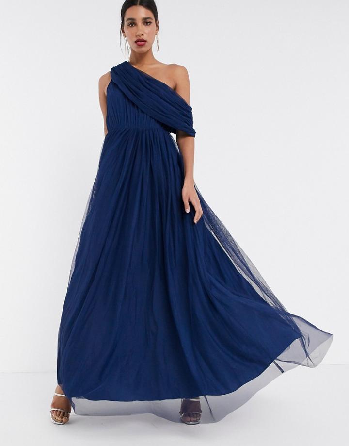 Asos Design Tulle Fallen Shoulder Maxi Dress In Navy