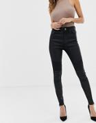 Asos Design Ridley High Waisted Jeans In Black Coated With Biker Knee Detail