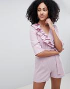 Lost Ink Wrap Front Romper With Tie Waist In Ditsy Polka Dot - Pink