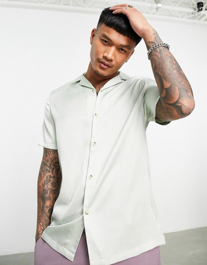 Asos Design Regular Camp Collar Satin Shirt In Mint Green