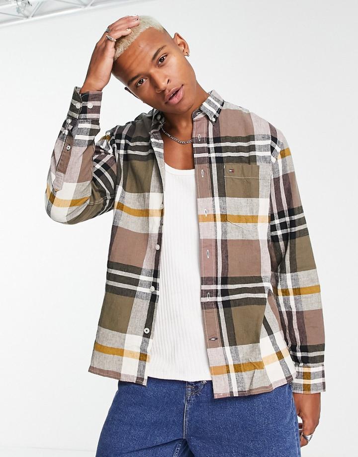 Tommy Hilfiger Large Linen Cotton Check Shirt Regular Fit In Tan-neutral