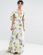 Asos Ruffle Cape Deep Plunge Floral Maxi Dress - Multi