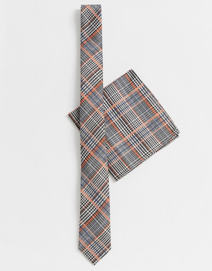 Asos Design Orange And Blue Check Tie & Pocket Square - Multi