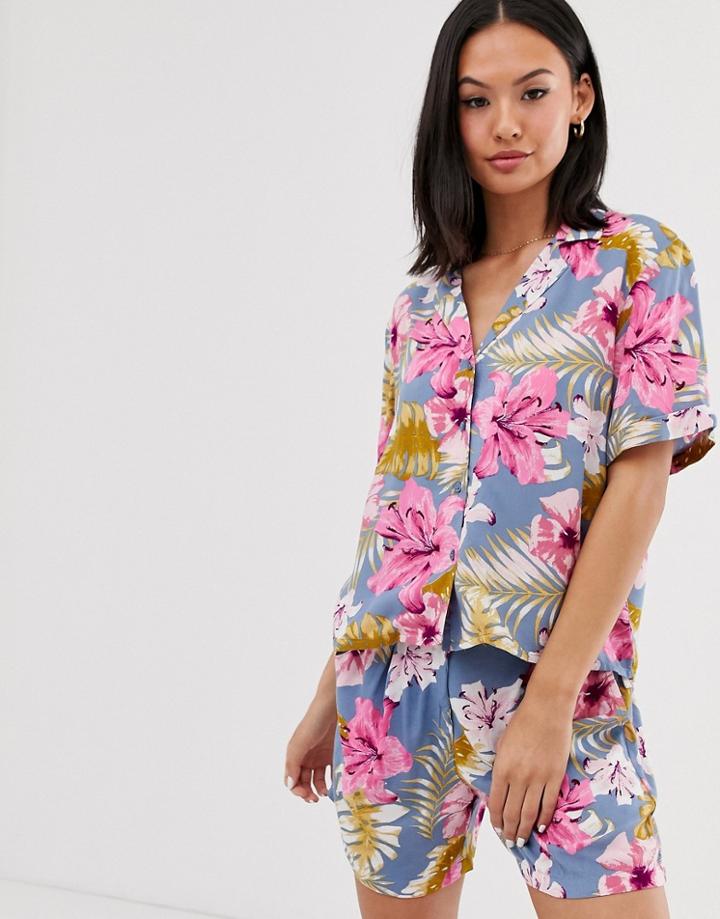 Pieces Hawaiian Print Boxy Shirt Two-piece - Blue