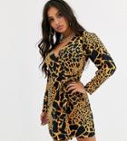 Asos Design Petite Wrap Mini Dress With Extreme Sleeves In Animal Print-multi