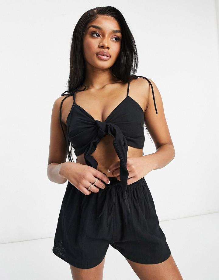 Asos Design Textured Tie Front Crop Beach Top In Black