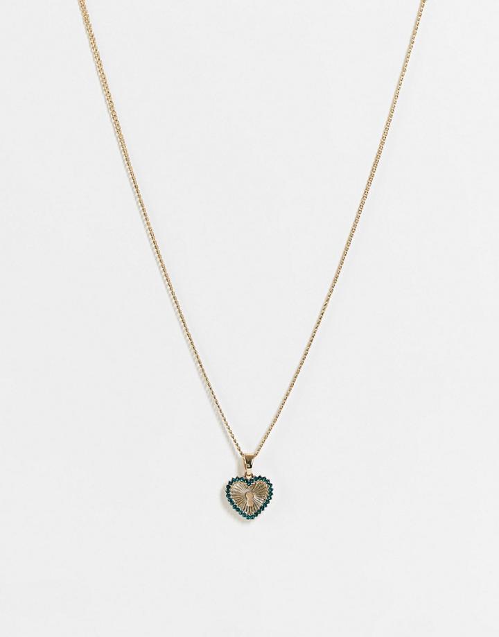 Topshop Blue Crystal Lock Heart Pendant Necklace In Gold