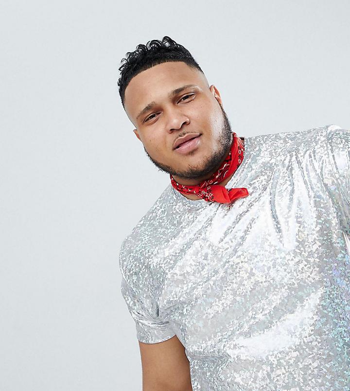 Asos Design Festival Plus Relaxed Longline T-shirt In Holographic Metallic Silver Fabric - Silver