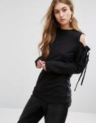 Daisy Street Cold Shoulder Top With Tie Sleeve Details - Black