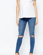 Asos Maternity Ridley Skinny Jeans In Blessing Mid Stone Wash With Rip - Blue